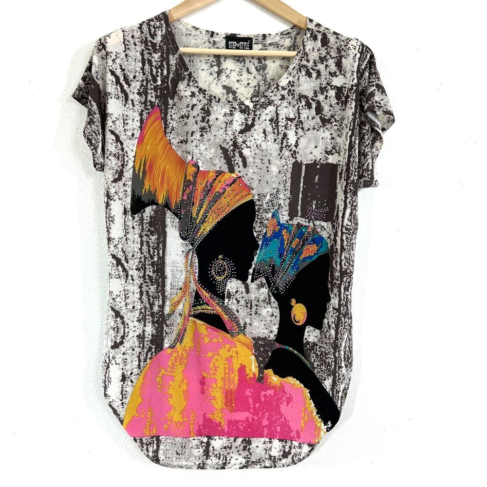 Step In Style Blouse Womens Large Afro Style Multi Beaded Scoop Neck Cap Sleeve
